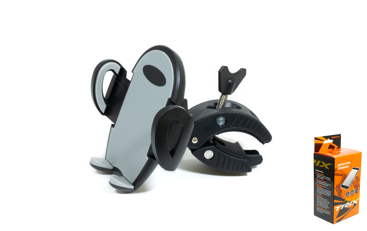 Держатель мобильного телфона TRIX, максимальная ширина 95мм, крепление на руль, пластиковый, серо-че
